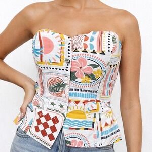 Midnight Sky Bustier Top L Linen Blend Coastal Festival Strapless Peplum Boho